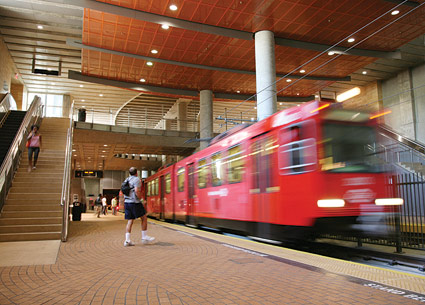 trolley pulls into the station